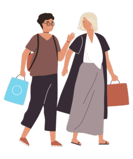 Illustration: Eine junge Frau geht mit Einkaufstasche und unterhält sich mit einer älteren Frau mit Aktentasche