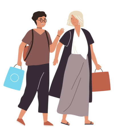 Illustration: Eine junge Frau geht mit Einkaufstasche und unterhält sich mit einer älteren Frau mit Aktentasche