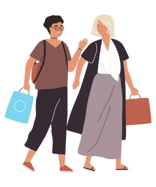Illustration: Eine junge Frau geht mit Einkaufstasche und unterhält sich mit einer älteren Frau, die eine Aktentasche trägt auf gelbem Hintergrund. Illustration: Eine junge Frau geht mit Einkaufstasche und unterhält sich mit einer älteren Frau, die eine Aktentasche trägt auf gelbem Hintergrund.