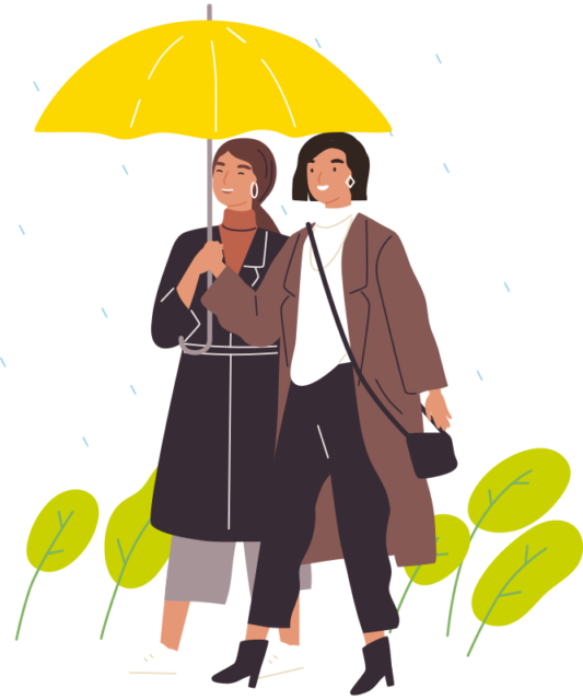 Illustration: Zwei Frauen gehen gemeinsam unter einem Regenschirm und lachen.