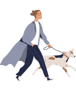 Illustration einer Frau und Hund. Sie gehen gemeinsam spazieren.