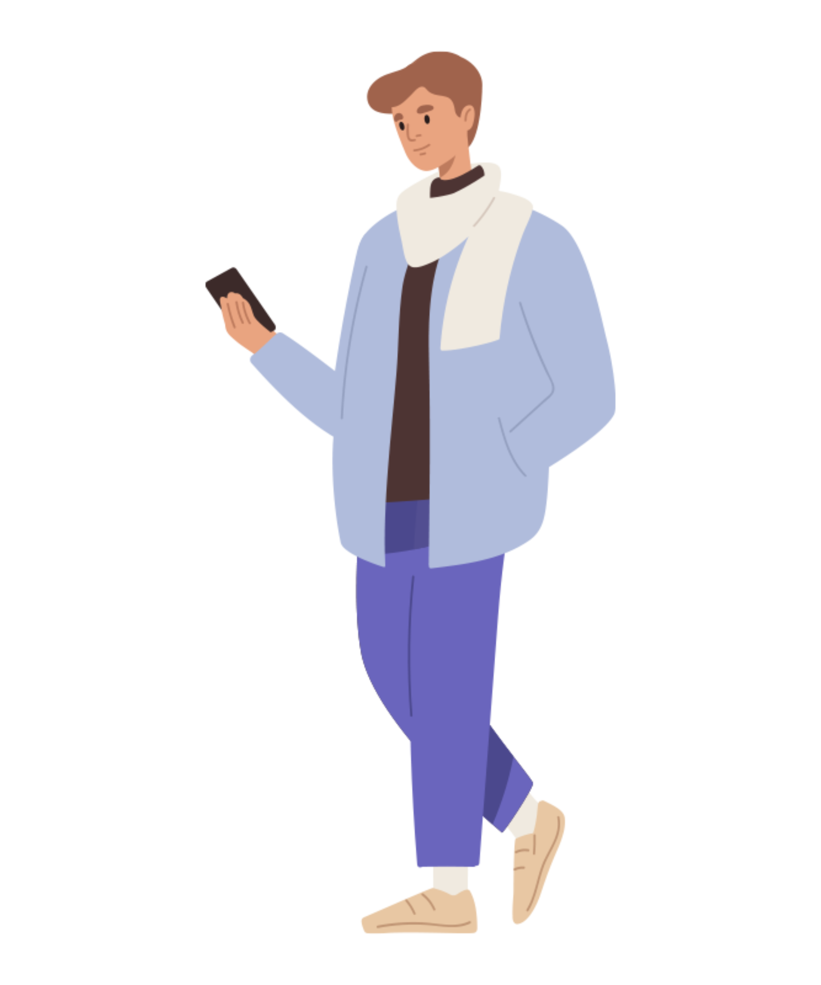 Illustration eines jungen Mannes, der stehend auf sein Smartphone blickt.