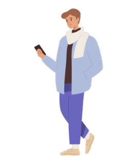 Illustration eines jungen Mannes, der stehend auf sein Smartphone blickt.