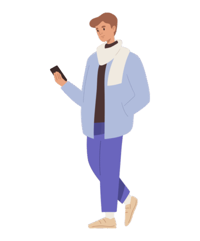 Illustration eines jungen Mannes, der stehend auf sein Smartphone blickt.