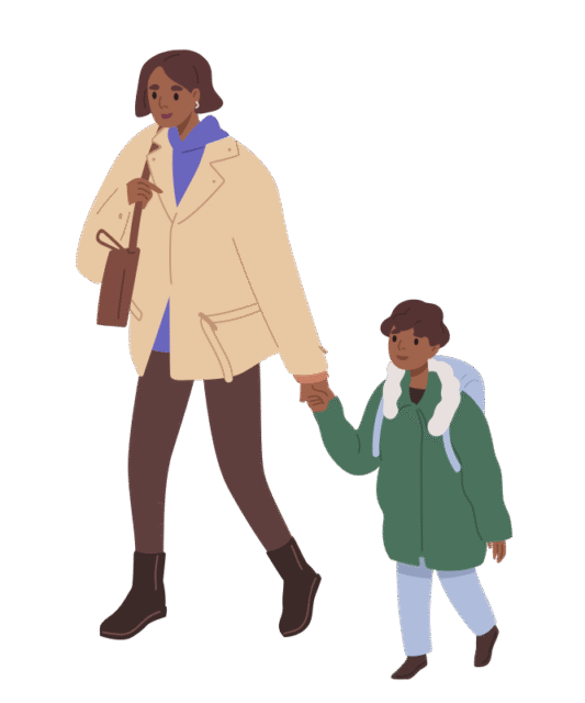Illustration einer Frau, die mit ihrem Kind an der Hand geht. Das Kind trägt eine Schultasche. Illustration einer Frau, die mit ihrem Kind an der Hand geht. Das Kind trägt eine Schultasche.