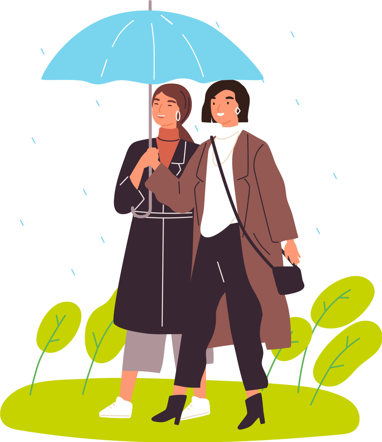 Illustration: Zwei Frauen gehen gemeinsam unter einem Regenschirm und lachen.