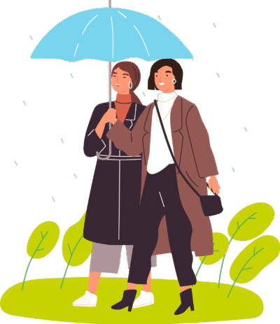Illustration: Zwei Frauen gehen gemeinsam unter einem Regenschirm und lachen.