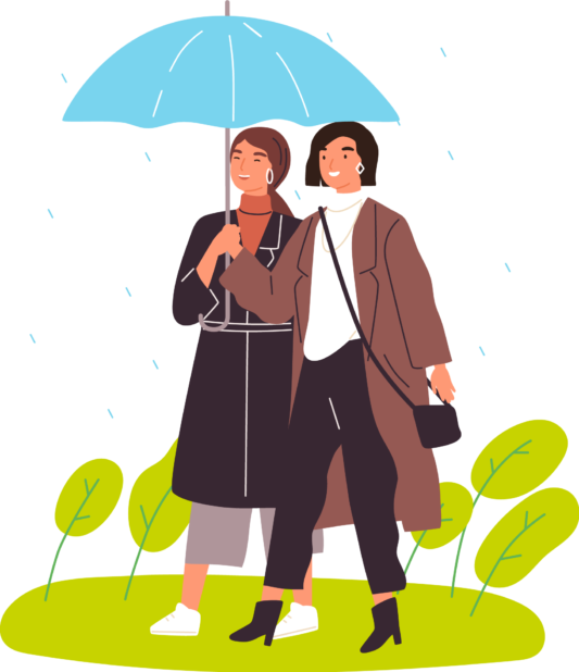 Illustration: Zwei Frauen gehen gemeinsam unter einem Regenschirm und lachen.