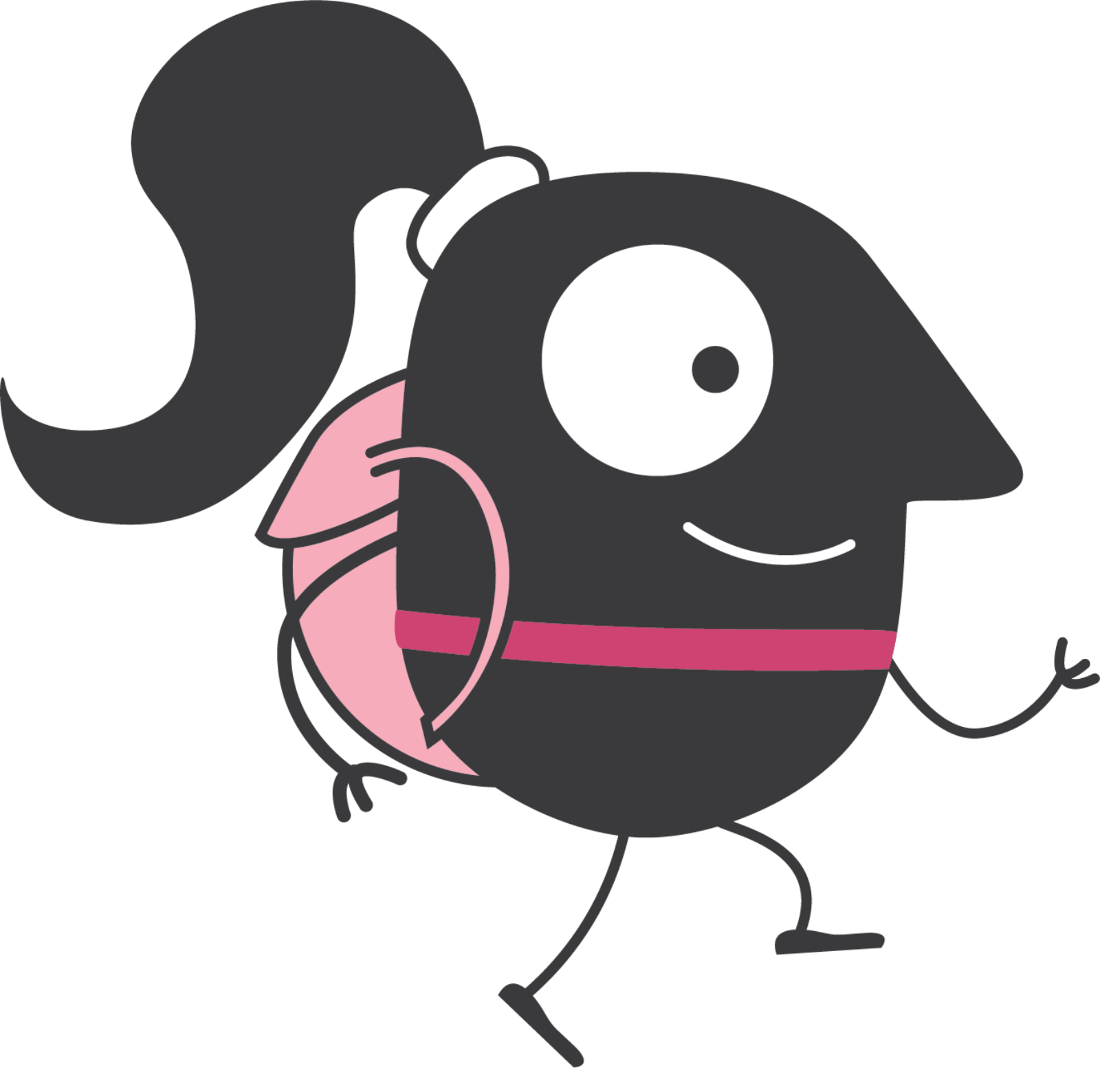 EMW Ella Maskottchen: Mädchen mit Zopf. Sie geht mit Schultasche am Rücken