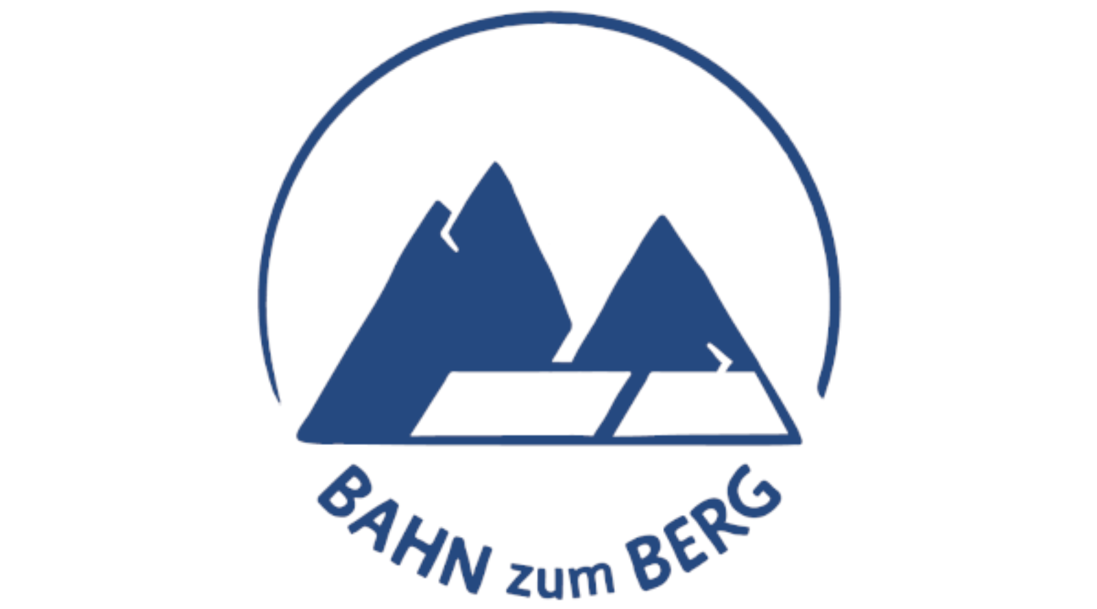 Logo Bahn zum Berg mit zwei Berggipfeln in einem runden blauen Kreis integriert.