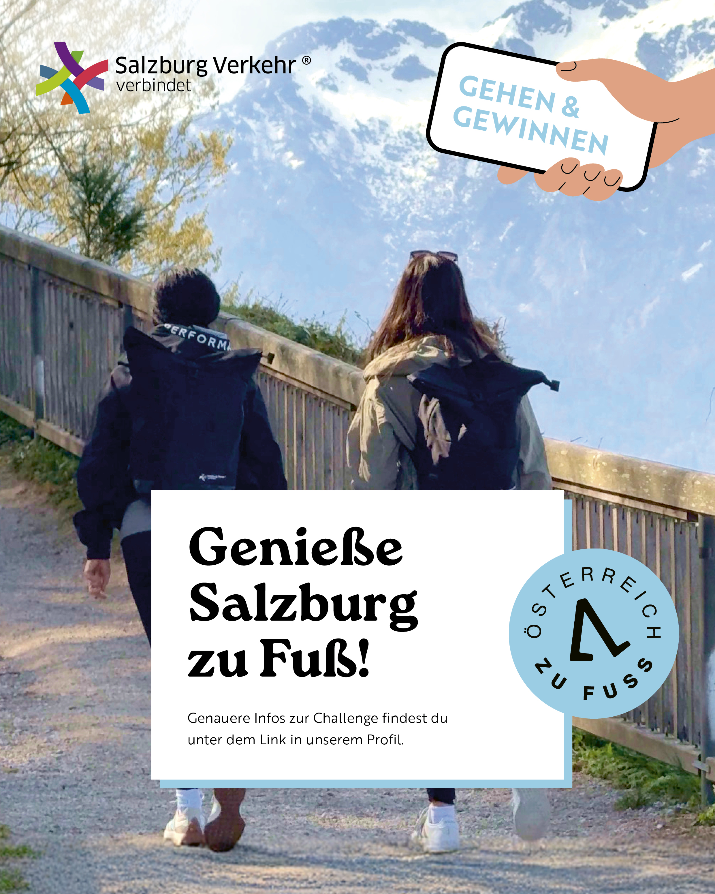 Sujet von Salzburg Verkehr und Österreich zu Fuß mit Bergen. Text: Genieße Salzburg zu Fuß!