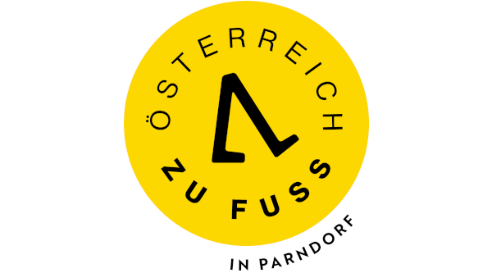 gelbes rundes Logo mit Füßchen in der Mitte. Kreisrunder Text am Rand: 